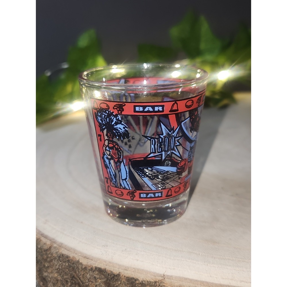 Reno Nevada Souvenier Shot Glass Gift Red Blue Poker Gambling Casino Bar